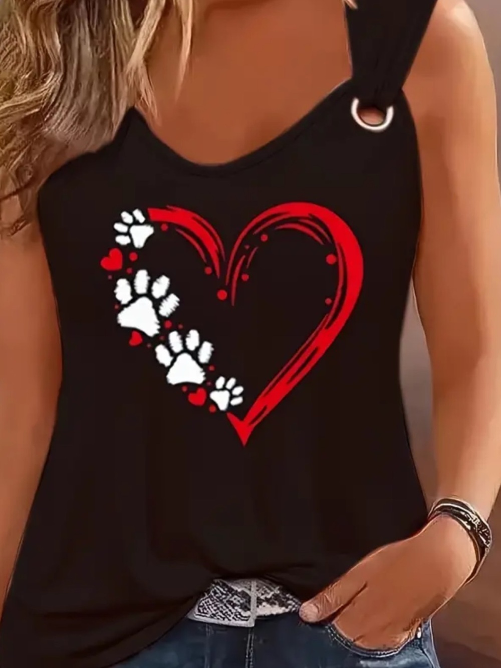 Black Tank Top with Red Heart & White Paw Print Design
